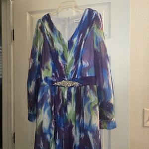 Vibrant Long Sleeve Dress with Embellished Waist